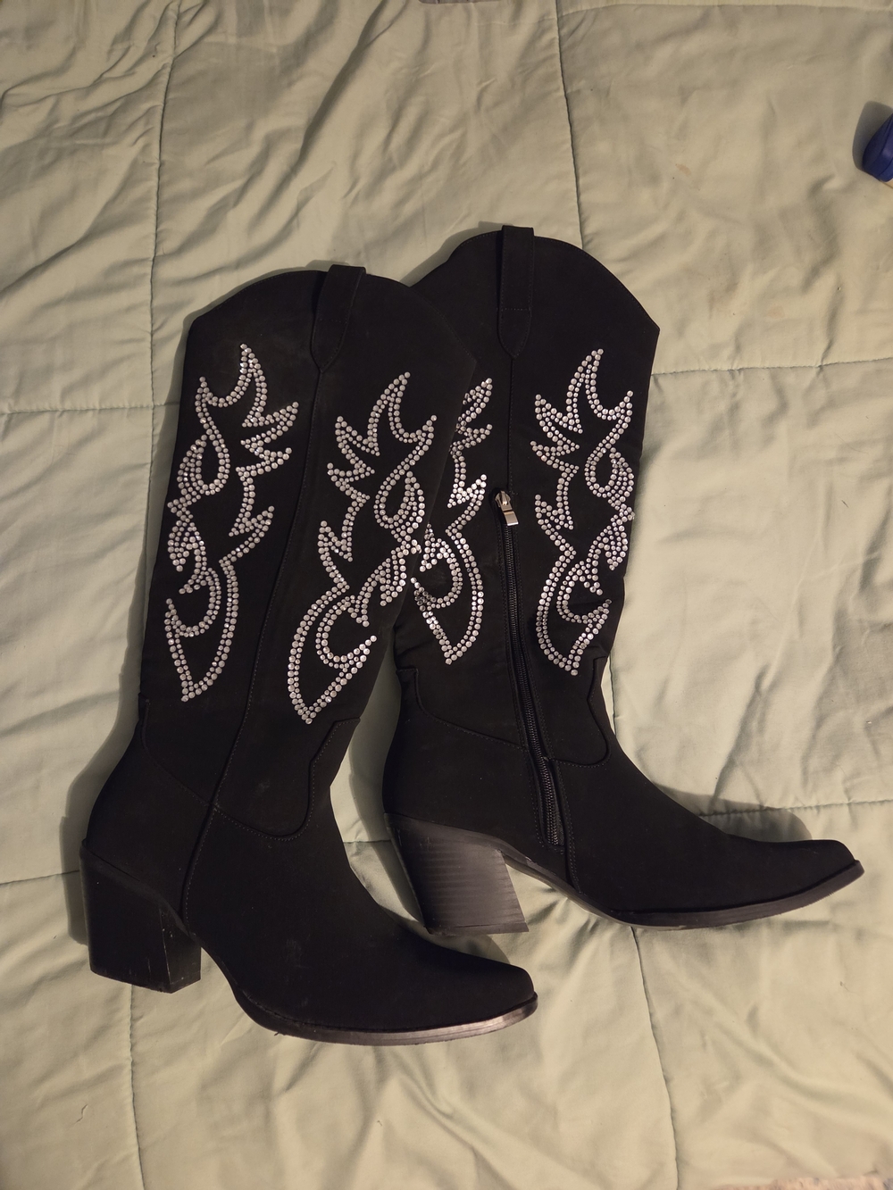 Black Women's Western Knee-High Boots with Rhinestone Embellishment